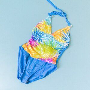 La Blanca Rainbow Palm Leaf Halter Neck Ruched Mid One Piece Swimsuit Size 6